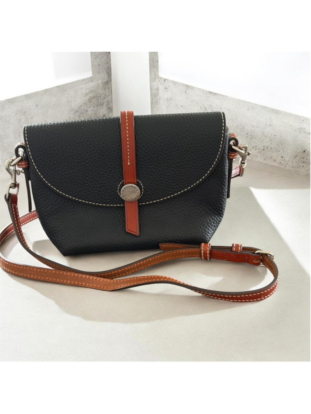 Dooney & Bourke Cambridge Mini Black Pebbled Leather Crossbody Bag - Brown Trim